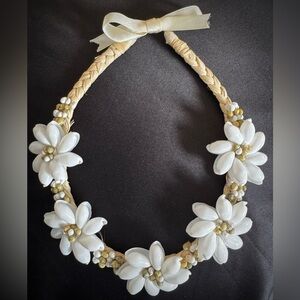 Hawaiian Puka Shell Flower Hair or Necklace Braided Natural Rafia Luau Hawaii